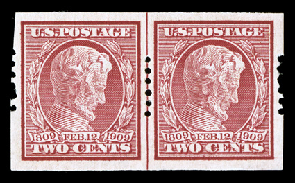 368, 2c Lincoln imperforate, Schermack Ty. I perforations, six holes, 2mm spacing, an incredibly rare guide line pair, outstanding centering and generous even margins, o.g.,
l.h., fresh and extremely fine Scott only prices a line pair with 3mm