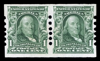 314, 1c Blue green imperforate, Schermack Ty. II perforations, pair, o.g., very fine.