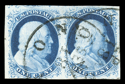 9, 1c Blue, Ty. IV, horizontal pair, positions 14-15L1L, large margins except just touching at bottom of left stamp, deeply rich color, neat c.d.s. cancels, very fine-extremely
fine.