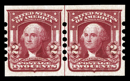 320a, 2c Lake imperforate, Schermack Ty. II perforations, guide line pair, near perfect centering and oversized margins, gorgeous intense color, o.g., left stamp with trivial
gum wrinkle, otherwise extremely fine and scarce signed Mekeel ex-