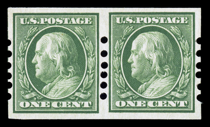 343, 1c Green imperforate, Schermack Ty. II perforations, 2mm spacing, seldom seen pair, excellent centering, generous balanced margins, o.g., l.h., extremely
fine.