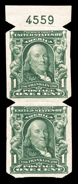 314, 1c Blue green imperforate, U.S. Automatic Vending Ty. I separations, an incredibly fresh pair, with  plate no. 4559 in the tab at top, choice centering and margins,
immaculate o.g., n.h., extremely fine and striking.