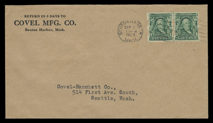 314, 1c Blue green imperforate, Schermack Ty. III perforations, precisely centered guide line pair, tied by Benton Harbor, Mich.Sep 6, 1929 wavy line machine cancel to fresh
buff cover to Covel-Hanchett Co. in Seattle, Wash., Covel Mfg. Co. c