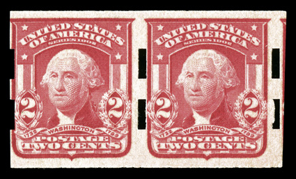 320d, 2c Carmine imperforate, Ty. II, Schermack Ty. III perforations, pair, bight and fresh, o.g., l.h., right stamp n.h., fine this recently listed type with Schermack Ty. III
perforations is scarcer than its modest catalog value would indicat