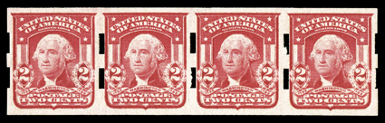 320d, 2c Carmine imperforate, Ty. II, Schermack Ty. III perforations, strip of four, large margins, strong color, o.g., l.h., fine-very fine and scarce 1992 PF certificate as
320.