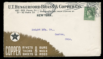 343, 1c Green imperforate, Schermack Ty. III perforations, perforated control mark, fine single tied by Union Term. Sta. N.Y.1910 wavy line machine cancel and handstamped
cancel to cover to Canton, Ohio with advertisement for the U.T. Hungerfo