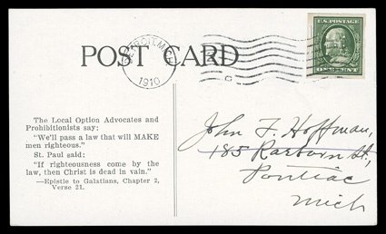 343, 1c Green imperforate, Schermack Ty. III perforations, perforated control mark, an exceptionally well centered and margined single, with perforated control mark of the
Detroit Taxpayers League, tied by Detroit, Mich.1910 wavy line machin