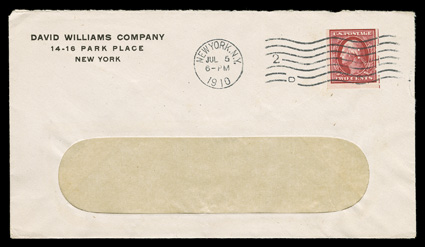 344, 2c Carmine imperforate, Schermack Ty. III perforations, perforated control mark, fine single tied to window envelope by New York, N.Y.Jul 5, 1910 wavy line machine cancel,
printed corner card of the David Williams Company, very fine and