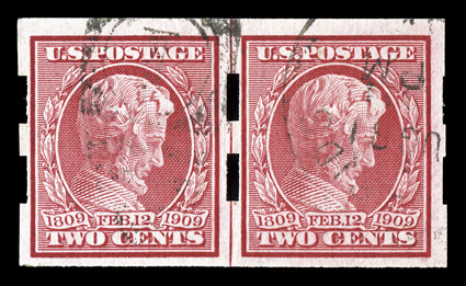 368, 2c Lincoln imperforate, Schermack Ty. III perforations, 2mm spacing, rare used guide line pair, bright and fresh, light Grand Rapids, Michigan duplex postmark, faint
corner crease at lower left, very fine appearance 2001 APS certificate.