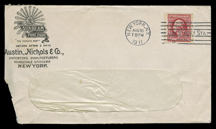 384, 2c Carmine imperforate, Schermack Ty. III perforations, perforated control mark, single with full perforations and huge margins all around, tied by New York, N.Y.Aug 30,
1911Jay Street Sta. machine cancel to window envelope with Austin,