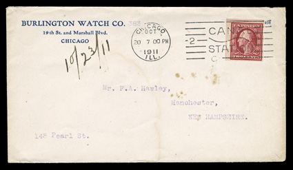 384, 2c Carmine imperforate, Schermack Ty. III perforations, perforated control mark, fine single tied by Chicago, Ill.Oct. 20, 1911Canal Station machine cancel to Burlington
Watch Co. corner card cover to Manchester, N.H., cover with a few