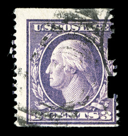 409, 484, 2c Carmine imperforate, Ty. I and 3c Violet imperforate, Ty. II, Schermack Ty. III perforations and private gauge 13 perforations, extremely rare used singles of
each, lightly cancelled, very good these compound private perforations s