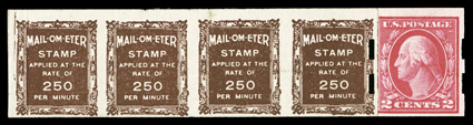 482, 2c Carmine imperforate, Ty. I, Schermack Ty. III perforations, an amazing paste-up strip of five, with single 482 pasted-up with  strip of four Mailometer Test Stamps
(TD14, TD14a), showing the right Test Stamp with Schermack Ty. III