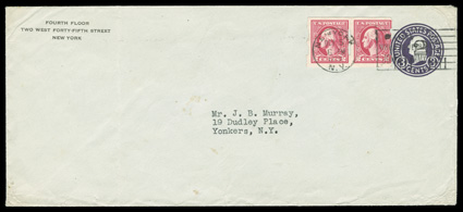 534, 2c Carmine imperforate, Ty. Va, Schermack Ty. III perforations, pair tied to 2c on 3c Dark violet revalued legal sized entire (U461) to Yonkers, N.Y. by New York, N.Y.Oct
5, 1920 slogan machine cancel, vertical file fold at left, very f