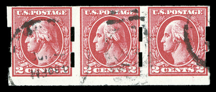 534B, 2c Carmine imperforate, Ty. VII, Schermack Ty. III perforations, scarce used strip of three, deep rich color on fresh paper, unobtrusive duplex cancel, fine for
this.