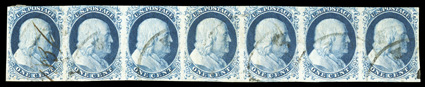 9, 1c Blue, Ty. IV, horizontal strip of seven, positions 22-28L1L, with double transfers in positions 24-27, just in at top, otherwise large margins, deep color, light c.d.s.
cancels and ms. on left stamp (probably from address or docketing), fi