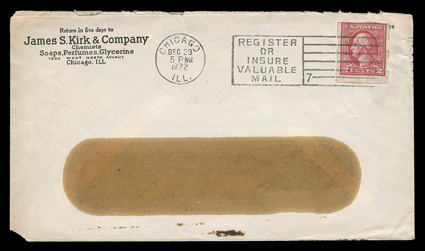 534B, 2c Carmine imperforate, Ty. VII, Schermack Ty. III perforations, single tied by Chicago, Ill.Dec 29, 1922 slogan machine cancel to window envelope with James S. Kirk &
Company corner card, cover with trivial corner nick at bottom left,