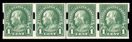 575, 1c Green imperforate, Schermack Ty. III perforations, very scarce guide line strip of four, post office fresh, rich color, o.g., n.h., fine-very fine 1993 PF
certificate.
