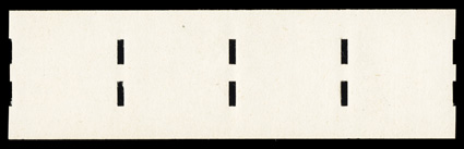 Schermack Ty. III perforations blank testing coil, strip of four, o.g., n.h., extremely fine these gummed dummy test strips were used to test dispensing equipment, for training
employees and to demonstrate machines to prospective buyers photoco