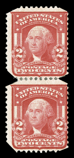 319c, 2c Scarlet, Ty. I, U.S. Automatic Vending experimental first coil, an exceedingly rare vertical pair, o.g., h.r. reinforcement, trivial corner crease at top left,
otherwise very fine for this signed WAS (W.S. Sissons, who obtained sever