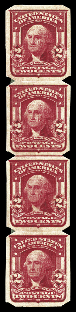 320a, 2c Lake imperforate, U.S. Automatic Vending Ty. I separations, guide line strip of four, choice centering and well margined, intense color, o.g., h.rs, extremely fine not
often seen as a line strip of four ex-Wampler.