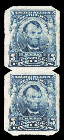 315, 5c Blue imperforate, U.S. Automatic Vending Ty. I separations, uncommonly fresh pair, crisp and intact, well centered, o.g., v.l.h., the bottom stamp n.h., choice very
fine 1989 PF certificate.