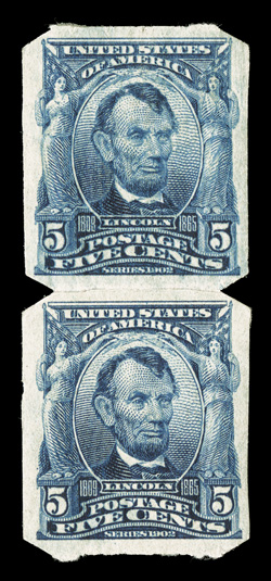 315, 5c Blue imperforate, U.S. Automatic Vending Ty. I separations, a very scarce paste-up pair, well centered, deep rich color, o.g., h.r., very fine.