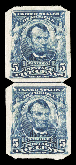 315, 5c Blue imperforate, U.S. Automatic Vending Ty. I separations, a seldom seen guide line pair, excellent centering, vivid rich color, o.g., h.r., choice very fine very few
guide line pairs are known.