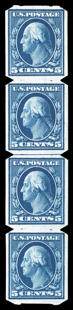 347, 5c Blue imperforate, U.S. Automatic Vending Ty. I separations, guide line strip of four, wonderfully fresh and well centered, o.g., l.h., very fine and scarce 1989 PSE
certificate.