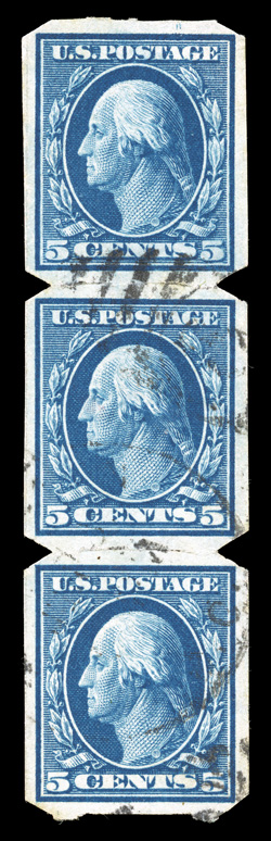 347, 5c Blue imperforate, U.S. Automatic Vending Ty. I separations, seldom seen used strip of three, well centered and margined, rich color on fresh paper, light duplex
postmark, top stamp with a faint diagonal crease, otherwise extremely fine