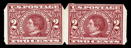 371, 2c Alaska-Yukon imperforate, U.S. Automatic Vending Ty. Ia separations, an incredibly fresh paste-up pair, with part imprint on the tab, rich color, o.g., l.h., very fine
this separation was prepared specifically for their machines in use