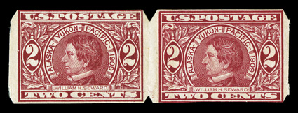 371, 2c Alaska-Yukon imperforate, U.S. Automatic Vending Ty. Ia separations, another paste up pair of this scarce separation made specifically of the exhibition, o.g., h.r.,
very fine.