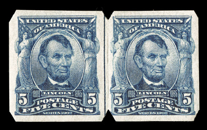 315, 5c Blue imperforate, U.S. Automatic Vending Ty. II separations, rare guide line pair, bright color, strong and intact, o.g., very fine.
