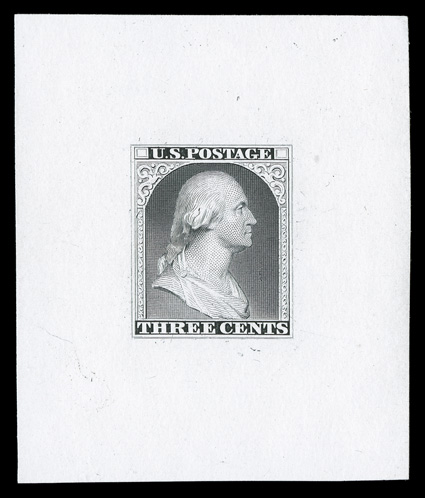 11-E4d, Gavit & Co., 3c Black die essay on ivory glazed paper, 47x55mm, bright and fresh, very fine.