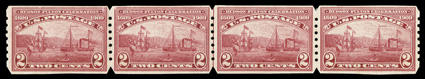 373, 2c Hudson-Fulton imperforate, U.S. Automatic Vending Ty. III perforations, handsome guide line strip of four, wonderfully fresh and well centered, o.g., v.l.h., very fine
2004 PSE certificate.