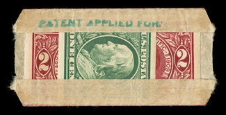 343, 371, 1c Green imperforate and 2c Alaska-Yukon imperforate, single of the former and two of the latter, enclosed within  U.S. Automatic Vending pocket Ty. 2-1, with no
printing on the pocket except for a green patent applied for handst