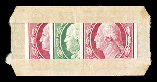 343, 344, 1c Green and 2c Carmine imperforates, single of former and two of latter, enclosed within  U.S. Automatic Vending Co. pocket Ty. 4-1, with no printing on the flaps
and serial number 266 on reverse, stamps o.g., n.h., very fine.