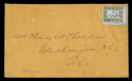3AX1, Madison Court House, Fla., 3c Gold on bluish, a bottom right corner sheet-margin example, with large margin at left and ample at top, cancelled by central PAID in oval,
used on an orange buff cover addressed to Thomas W. Thompson, Washin