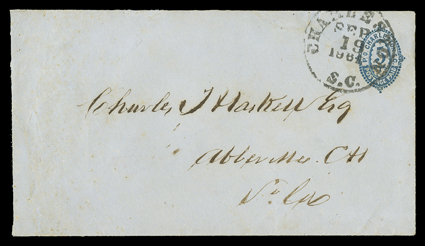 16XU5, Charleston, S.C., 5c Blue on blue entire, a seldom seen used example, with clear strike of Charleston S.C.Sep 19 1861 c.d.s. directly canceling the indicia, addressed to
Abbeville C.H., S.C., some lightened toning and small mended edge