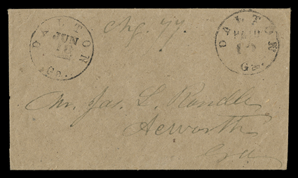 20XU2, Dalton, Ga., 10c Black entire, clear strikes of both the provisional handstamp and matching Dalton Ga.Jun 18 (circa 1863) c.d.s. on brown turned cover addressed to
Acworth, Ga., charge box notation at top center, inside addressed t