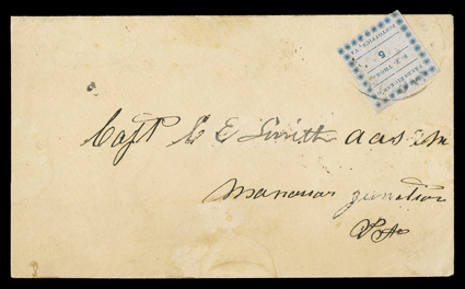 26X1, Fredericksburg, Va., 5c Blue on thin bluish, position 7, select four margined example (just two corner ornaments touched), tied by light strike of Fredericksburg Va.
c.d.s. to cover addressed to Manassas Junction, Va., slight cover reduc