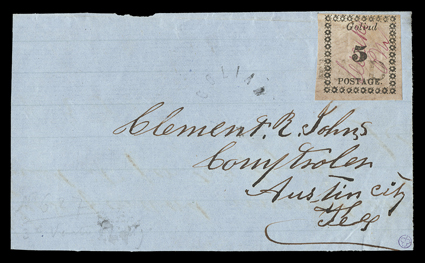 29X3, Goliad, Tex., 5c Black on rose, signed in bright magenta manuscript Clarke PM, three very large margins, fourth at top quite ample, neatly and lightly cancelled by PAID
straightline, matching Goliad Tex. rimless undated circular town