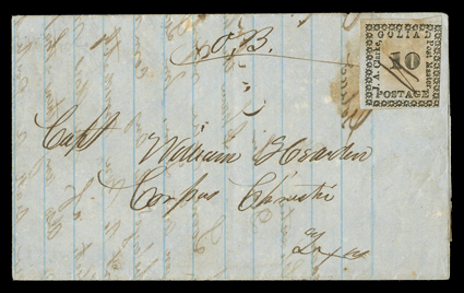 29X7, Goliad, Tex., 10c Black on gray, three very large margins, fourth at right just very slightly in along right ornaments, printed on blue gray paper which has ornamental
printing on the reverse, likely an adversity use of paper and the onl
