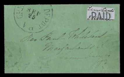 35X1, Greenwood Depot, Va., 10c Black on gray blue, a most unusual provisional produced from a small piece of gray blue paper on which PAID has been handstamped and Ten Cents
added in manuscript at top and signed J. Bruce (the Postmaster)