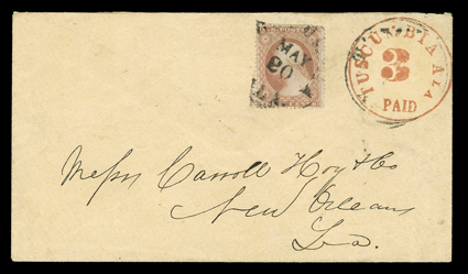6AXU1 (formerly 12XU1), Tuscumbia, Ala., United States 3c Rate, Red on buff entire, handstamped provisional in top right corner of buff entire addressed to Carroll Hoy & Co. in
New Orleans, prepared by the Tuscumbia postmaster as a provisional