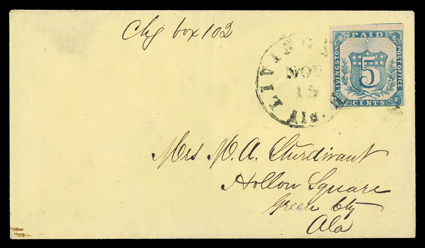 51X1, Livingston, Ala., 5c Blue, full to very large margins including showing a portion of the adjoining stamp at top, bottom right margin close but clears frame line, lovely
rich color and a superbly detailed impression, neatly tied to a canary