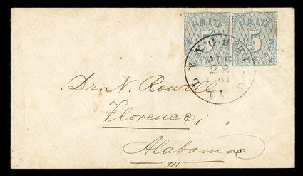 52X1, Lynchburg, Va., 5c Blue, horizontal pair, mostly ample margins to just touching, bright color, tied by clear Lynchburg Va.Aug 28 1861 c.d.s. to cover addressed to
Florence, Ala. from the Rowell correspondence, faint toned spot, very fin