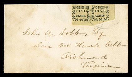 53X3, Macon, Ga., 5c Black on yellow wove, bottom right corner sheet-margin horizontal pair, with large to huge margins all around, fresh color, tied by portion of large Macon
Ga. c.d.s. on small cover addressed to Richmond, Va., from the Cobb