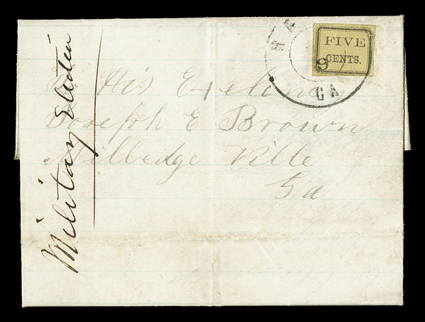 53X4, Macon, Ga., 5c Black on yellow wove, quite well margined all around, just touching at bottom right, tied by Macon Ga.Jun 9 double circle datestamp to petite 1861
blue-lined folded letter, addressed to Georgia governor (and vigilant sece