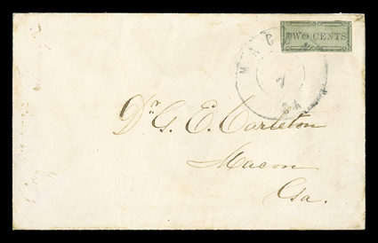 53X5, Macon, Ga., 2c Black on gray green wove, margins mostly clear to just touching at a few points, tied to small drop rate cover by light strike of Macon Ga. ? 7 c.d.s.,
addressed to Dr. G.E. Carleton in Macon, some writing at far left edg
